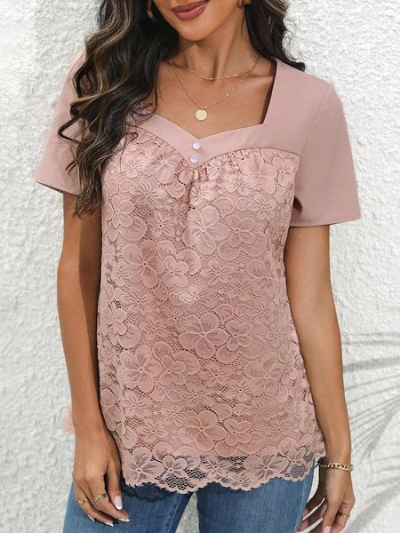 

Plain Lace Square Neck Elegant Shirt, Deep pink, Shirts & Blouses