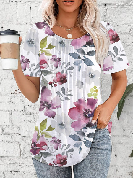 

Crew Neck Short Sleeve Floral Regular Loose Shirt For Women, Flower, Blouses