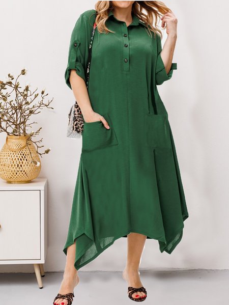 

Casual Plain Shawl Collar Cotton Dress With No, Green, Midi Dresses
