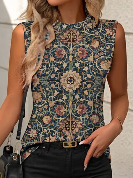 

Casual Crew Neck Ethnic Tank Top, Green, Tanks & Camis