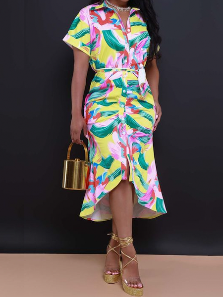

Floral Regular Fit Short Sleeve Urban Midi Dress With Belt Shirt Dress, As picture, Midi Dresses