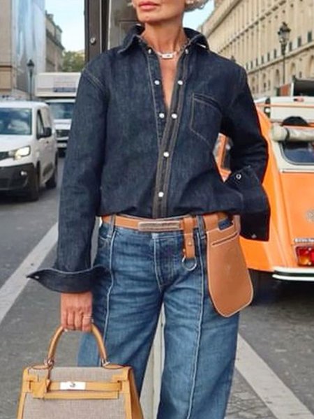 Casual Shirt Collar Buttoned Denim Blouse, Denim blue, Blouses and Shirts