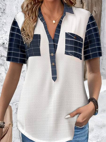 

Shirt Collar Short Sleeve Plaid Regular Loose Blouse For Women, White, Shirts