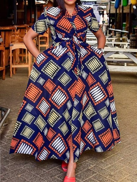 

Shawl Collar Loose Geometric Urban Dress With Belt, As picture, Maxi Dresses