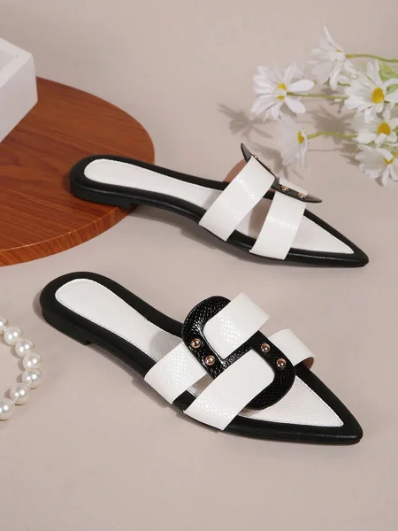 

Black-white Color Block Weave Rivet Embossed Slide Sandals, Slippers