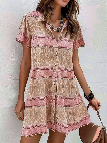 

Women Abstract Stripes Shirt Collar Short Sleeve Comfy Casual Short Dress, Pink, Short