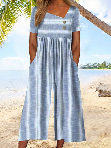 

Women's H-Line Asymmetrical Daily Going Out Vacation Buckle Striped Summer Ankle Pants Jumpsuit/Romper, Blue, Jumpsuits＆Rompers