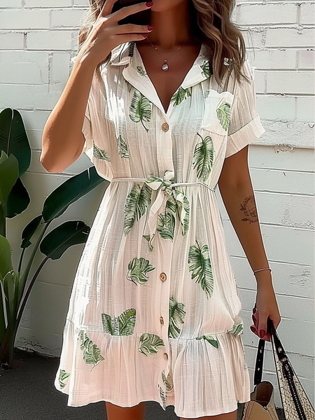 

Women Leaf Shirt Collar Short Sleeve Comfy Casual Short Dress, White, Short