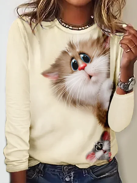 Women's Crew Neck Casual Funny Cat Long Sleeve Shirt, Khaki, Long sleeves