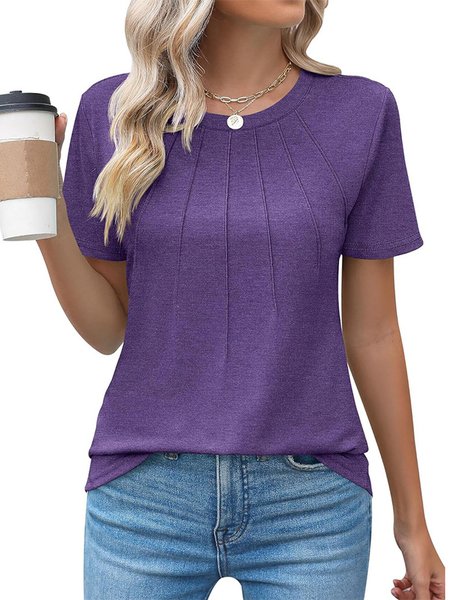 Crew Neck Short Sleeve Plain Regular Micro-Elasticity Loose Shirt For Women, Purple, Blouses