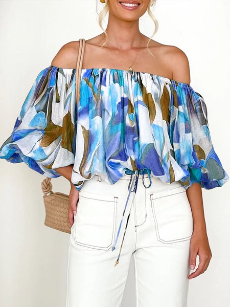 

Boat Neck Loose Floral Vacation Shirt, Blue, Blouses and Shirts