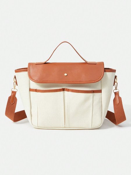 

Colorblock Large Capacity Versatile Canvas Tote Bag with Crossbody Strap, Brown, Bags