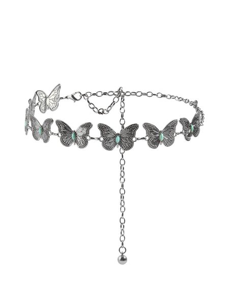 

New butterfly metal turquoise sweet waist chain cross-border, Silver, Belts