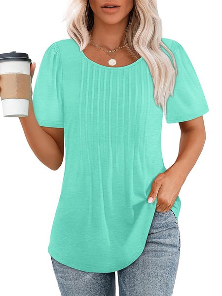 

Crew Neck Short Sleeve Plain Regular Micro-Elasticity Loose Shirt For Women, Aqua, Blouses