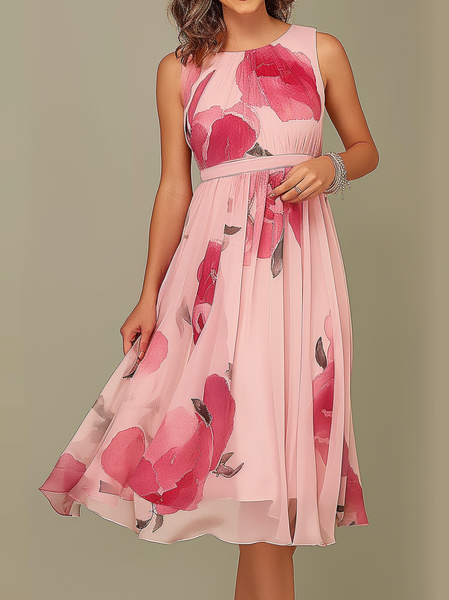 

Floral Regular Fit Crew Neck Elegant Dress, Pink, Dresses