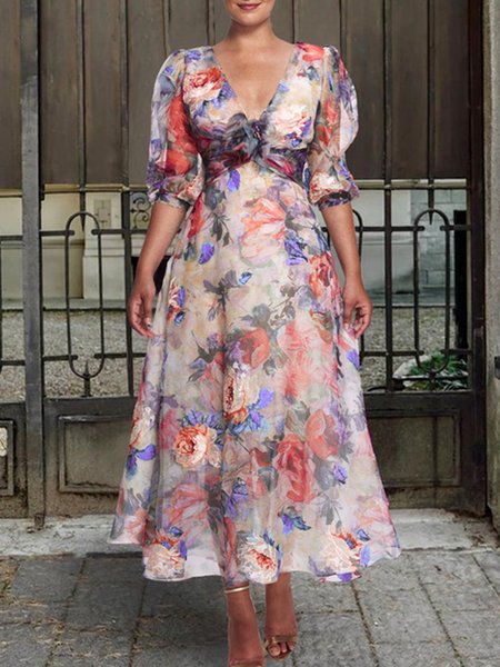 

V Neck Floral Pattern Printing Elegant Dress, As picture, Maxi Dresses