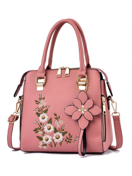 

Floral Embroidery Tote Bag Commuting Large Capacity Crossbody Bag with Pendant, Pink, Bags