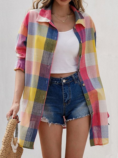 

Shirt Collar Long Sleeve Plaid Regular Loose Blouse For Women, Yellow, Shirts