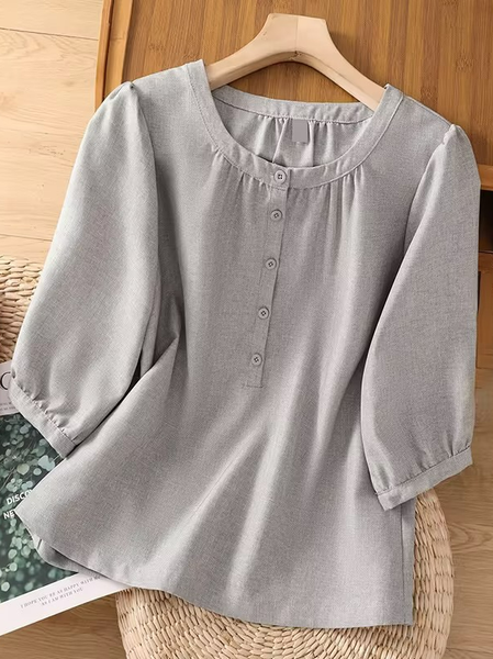 

Cotton Stand Collar Casual Plain Blouse, Oatmeal, Blouses & Shirts