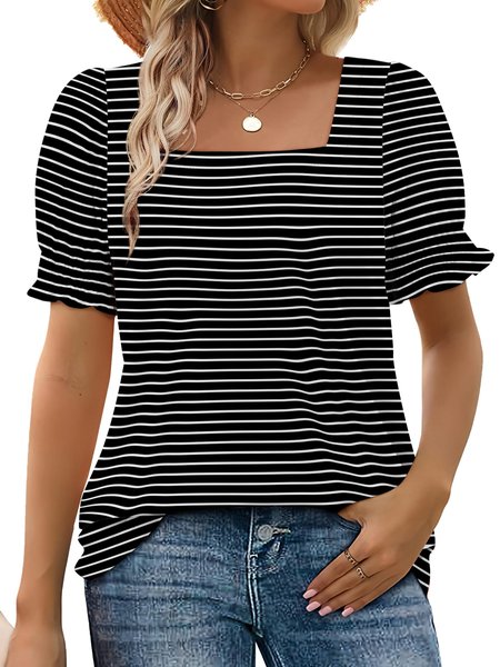 

Square Neck Short Sleeve Striped Regular Micro-Elasticity Loose Shirt For Women, Black, Blouses