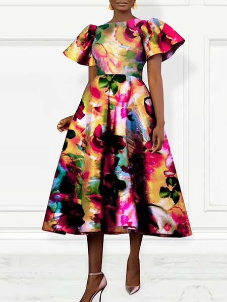 

Regular Fit Elegant Short Sleeve Boat Neck Midi Dress, As picture, Midi Dresses