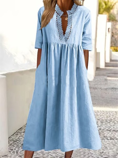 

Casual Cotton V Neck Dress With No, Blue, Midi Dresses