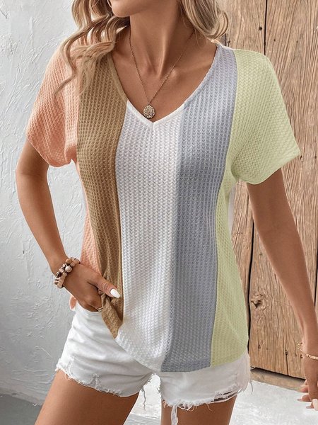 

V Neck Short Sleeve Color Block Regular Loose Shirt For Women, Yellow, Blouses
