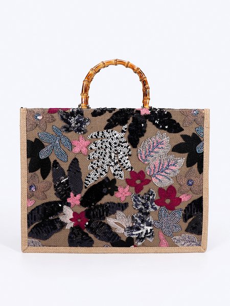 

Random Floral Sequins Embroidery Bamboo Handle Tote Bag, Black, Bags