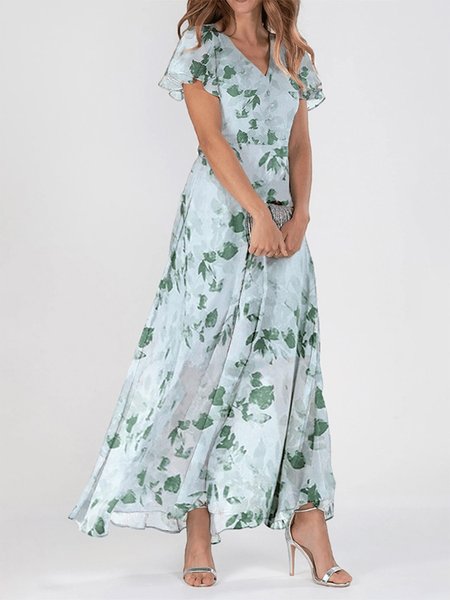 

Women's Short Sleeve Summer Floral Chiffon V Neck Ruffled Sleeves Daily Going Out Elegant Maxi A-Line Dress Aqua, Dresses