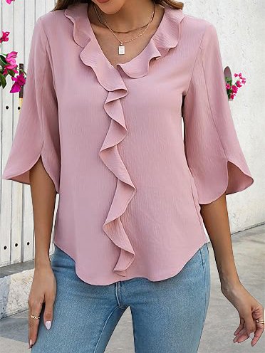 

V Neck Flouncing Loose Simple Shirt, Pink, Shirts & Blouses
