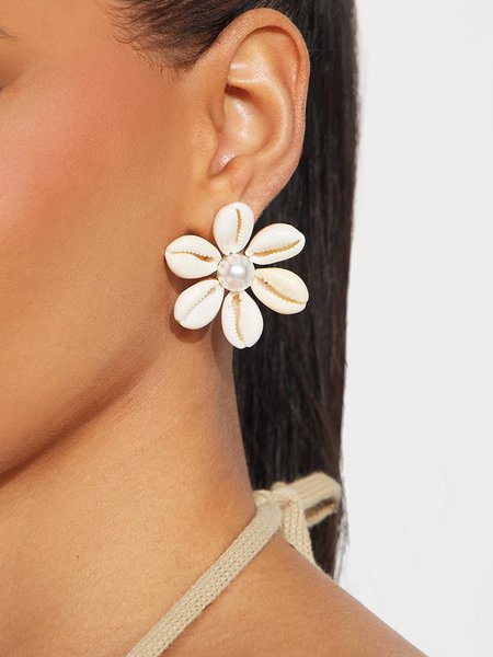 Vacation Seashell Flower Imitation Pearl Earrings, As picture, Earrings