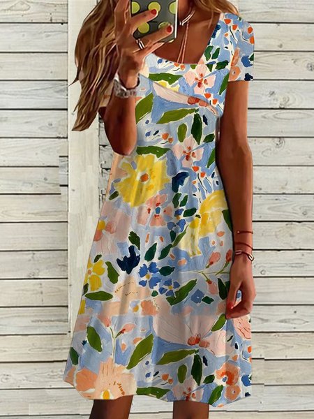 

Women Floral Lapel Collar Short Sleeve Comfy Casual Short Dress, Yellow, Dresses