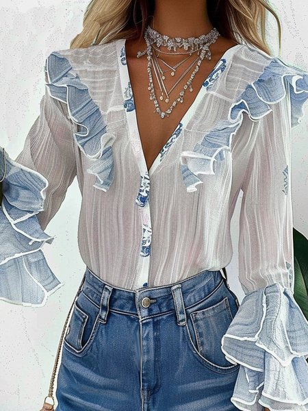 

V Neck Long Sleeve Floral Regular Loose Blouse For Women, White, Shirts