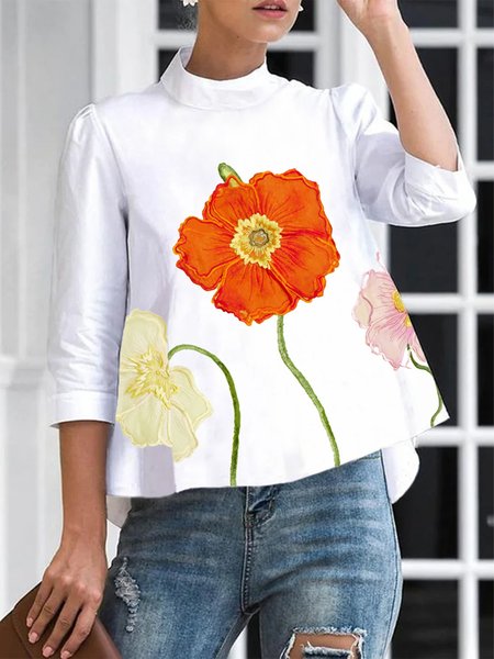 Loose Stand Collar Urban Floral Shirt, White, Blouses and Shirts