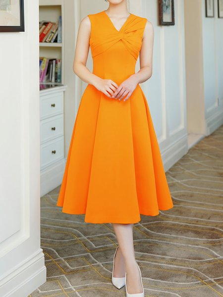 

V Neck Urban Plain Knot Front Dress, Orange, Midi Dresses