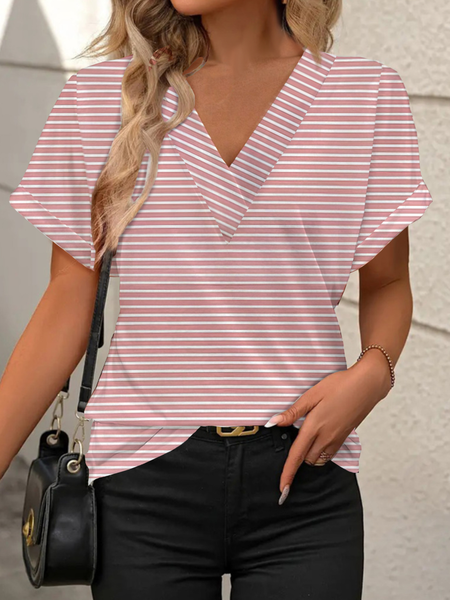 

V Neck Short Sleeve Striped Buckle Regular Loose Shirt For Women, Pink, T-shirts