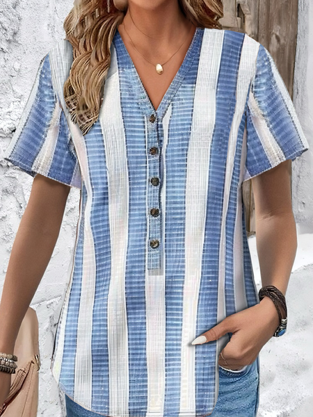 

V Neck Short Sleeve Striped Regular Loose Blouse For Women, Blue, Blouses