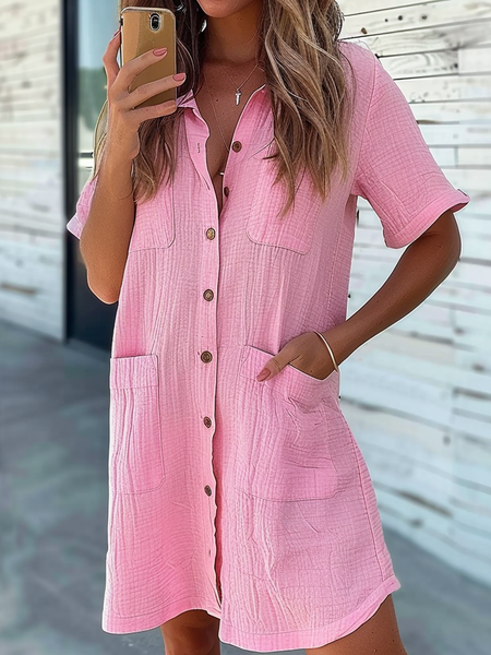 

Women Plain Shirt Collar Short Sleeve Comfy Casual Short Dress, Pink, Dresses