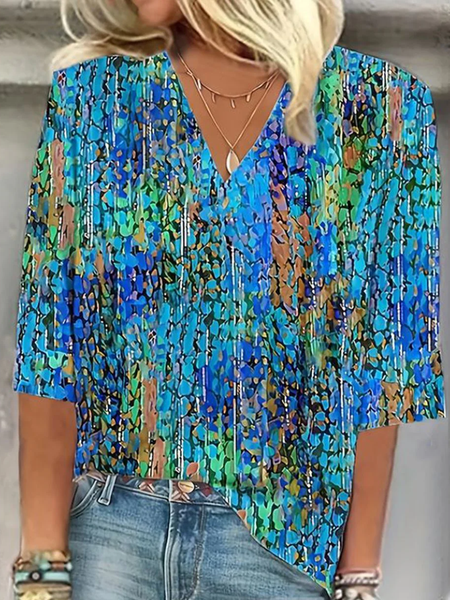 

V Neck Half Sleeve Random Print Regular Loose Shirt For Women, Blue, Blouses