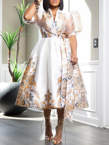 

Elegant Regular Fit V Neck Floral Dress With Belt, White, Midi Dresses