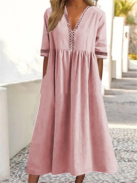 

Women Plain V Neck Half Sleeve Comfy Casual Lace Midi Dress, Pink, Dresses