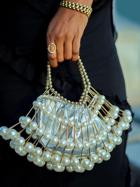 

Elegant Beaded Scalloped Handbag with Imitation Pearls Crossbody Strap, As picture, Bags
