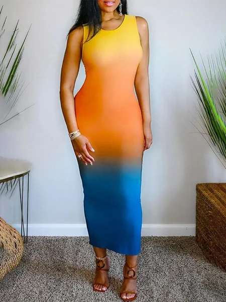 

Urban Crew Neck Ombre Sleeveless Long Dress, As picture, Maxi Dresses