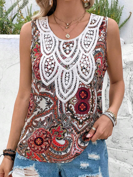 

Casual Crew Neck Ethnic Tank Top, Multicolor, Tanks & Camis