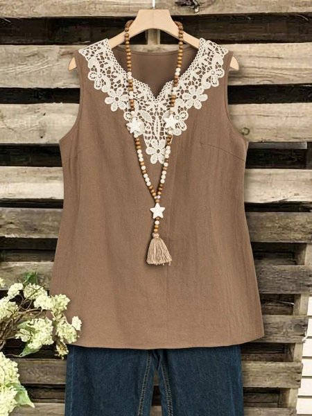 

V Neck Cotton Casual Blouse, Coffee, Tank Tops & Camis