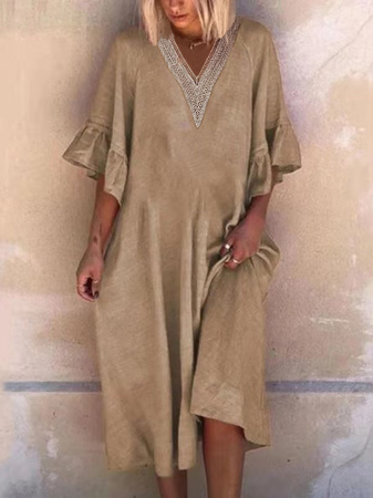 

V Neck Cotton Plain Casual Dress With No, Khaki, Midi Dresses