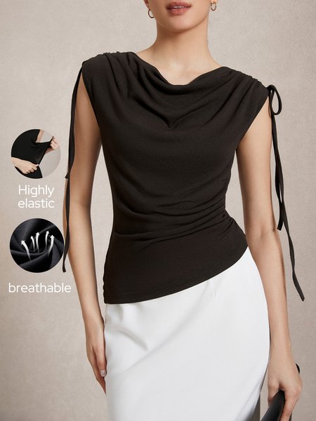

High-Elasticity Boat Neck Pleated Tee, Brown, Tees