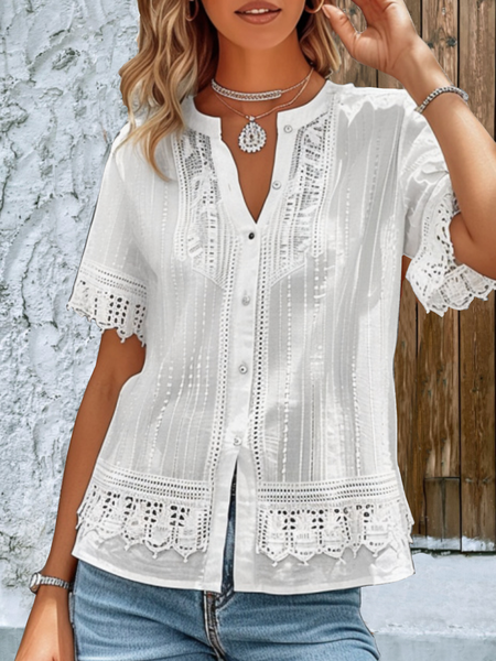 

Shirt Collar Short Sleeve Plain Regular Loose Blouse For Women, White, Blouses