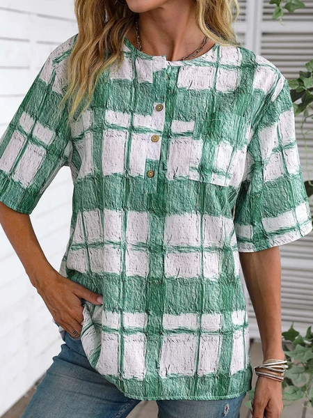 

Crew Neck Short Sleeve Plaid Regular Loose Blouse For Women, Green, Blouses