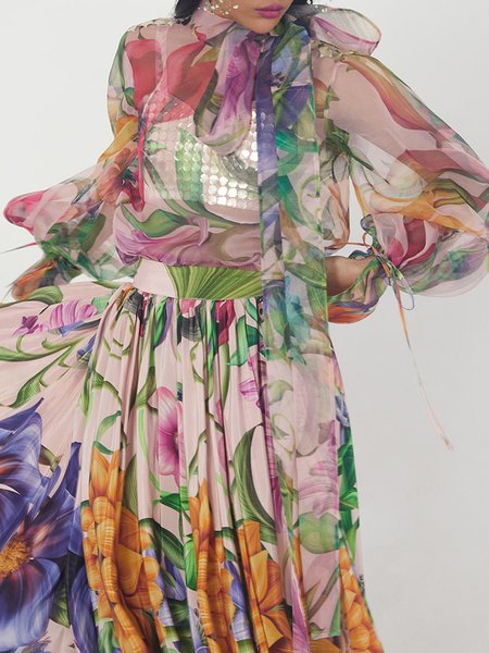 

Loose Organza Vacation Stand Collar Floral Shirt, As picture, Blouses and Shirts